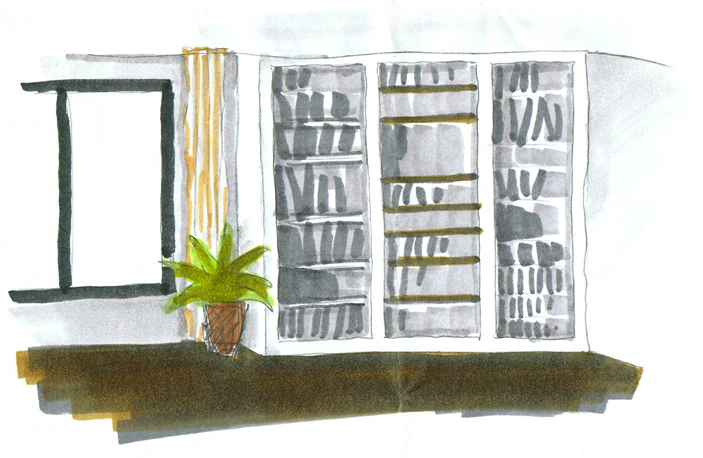 Illustration eines Bücherregals aus Gipsformteilen